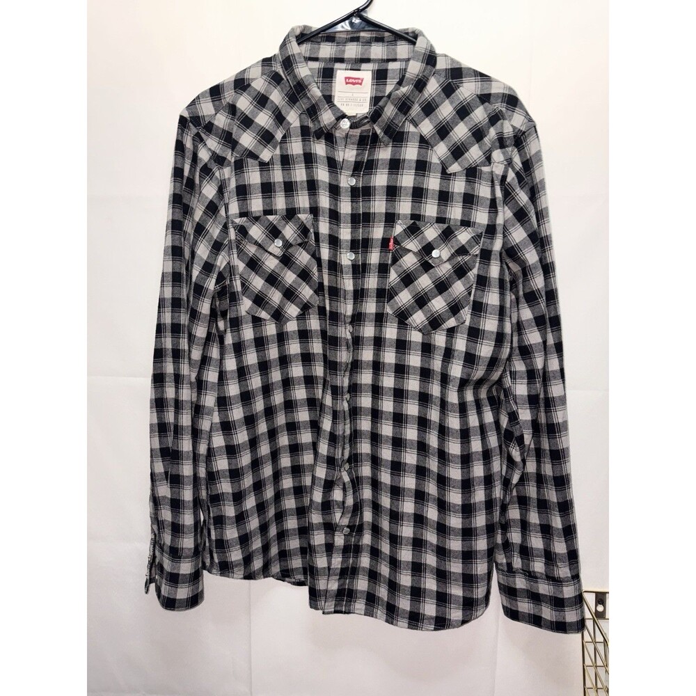 Levi Strauss Western Flannel Shirt Mens L Black Plaid Pearl Snap Workwear Cotton